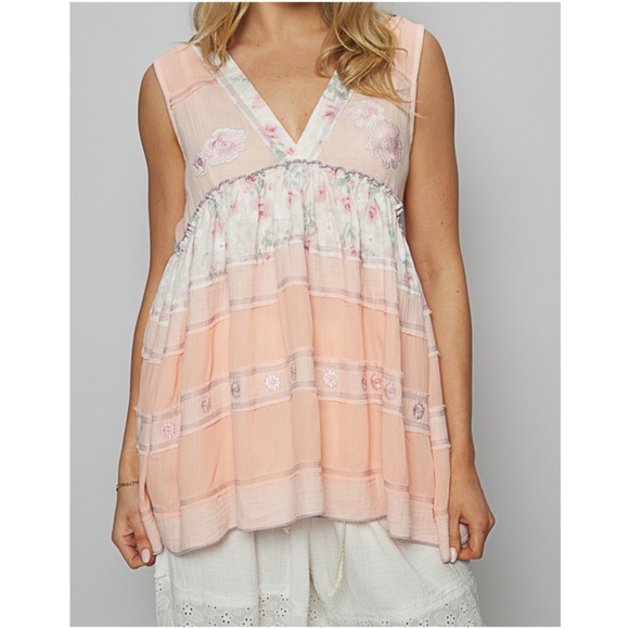 POL Floral Embroidered V neck Reverse Stitch Sleeveless Flowy Tank Top - Picture 1 of 7